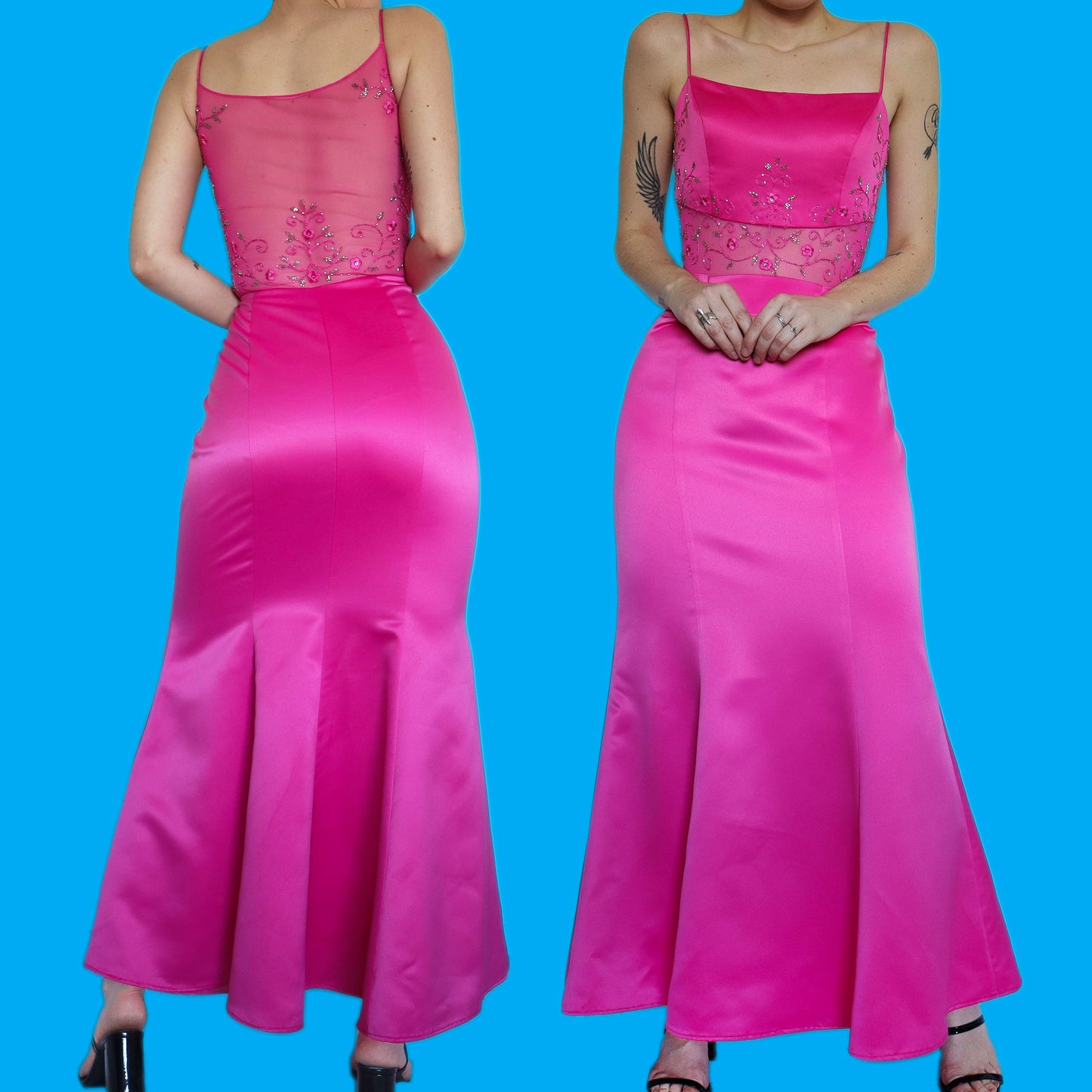 Stunning fuchsia pink sheer detail evening dress UK 12