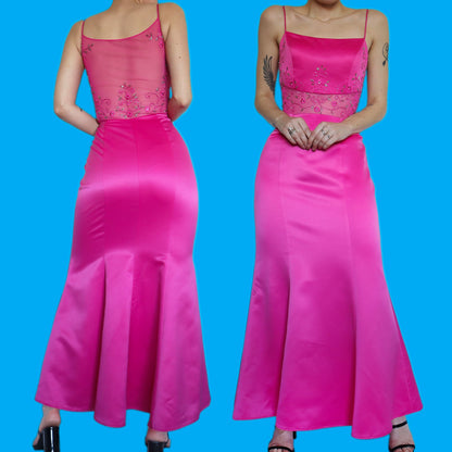 Stunning fuchsia pink sheer detail evening dress UK 12