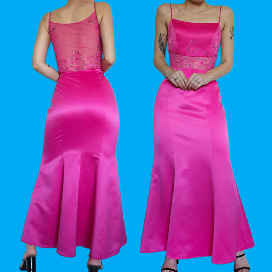 Stunning fuchsia pink sheer detail evening dress UK 12