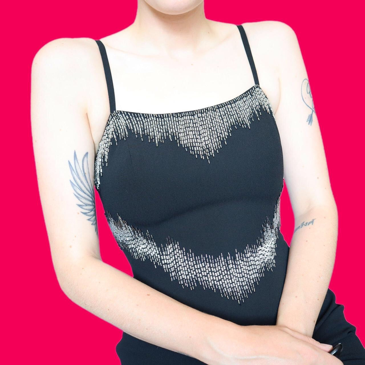 Chic black Frank Usher fitted beaded evening dress UK 10