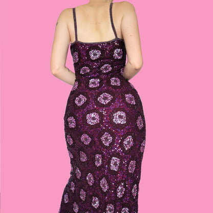 Purple 100% silk sequin/beaded evening dress & shawl UK 10