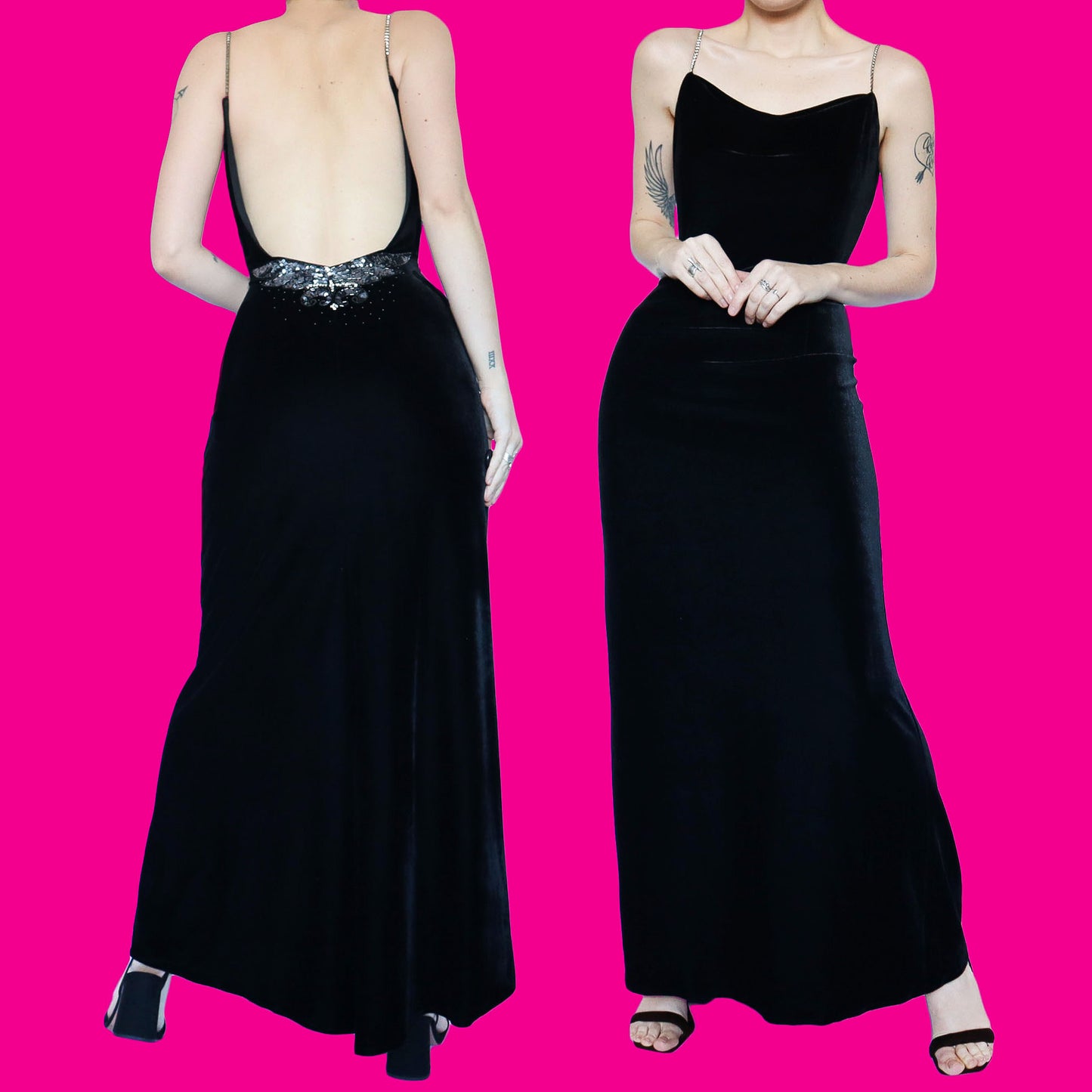 Black velvet low back evening dress UK 14
