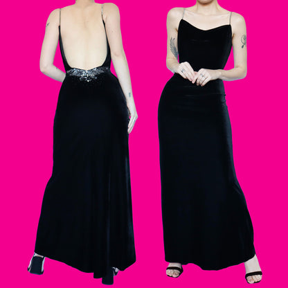 Black velvet low back evening dress UK 14