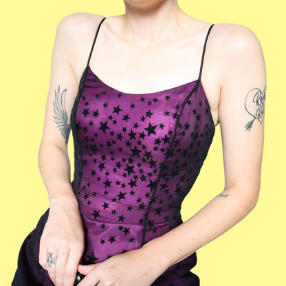 Purple glittery star print a line prom dress UK 6