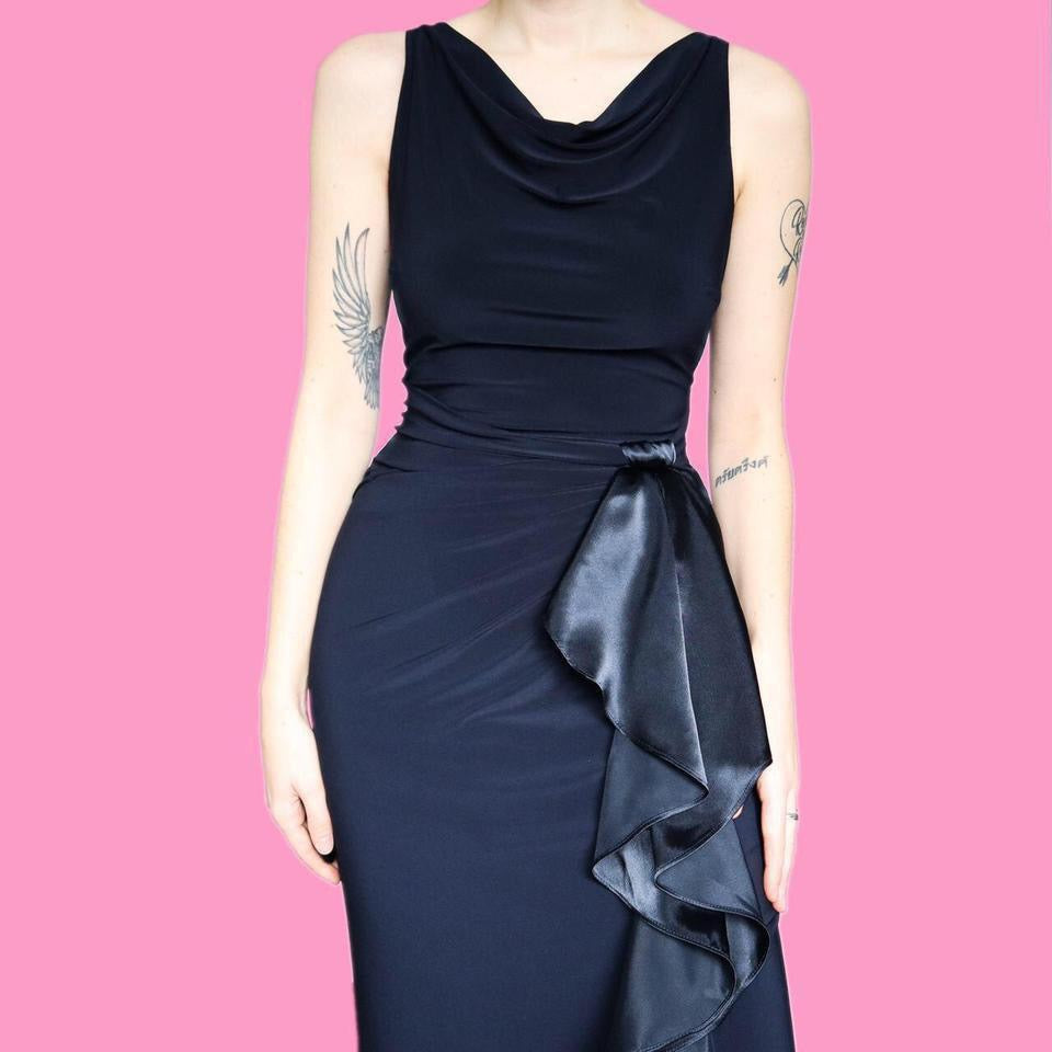 Navy stretch evening dress with satin frill UK 10