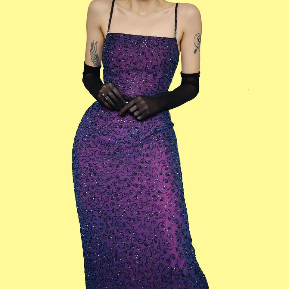 Purple 100% silk beaded evening dress UK 10-12