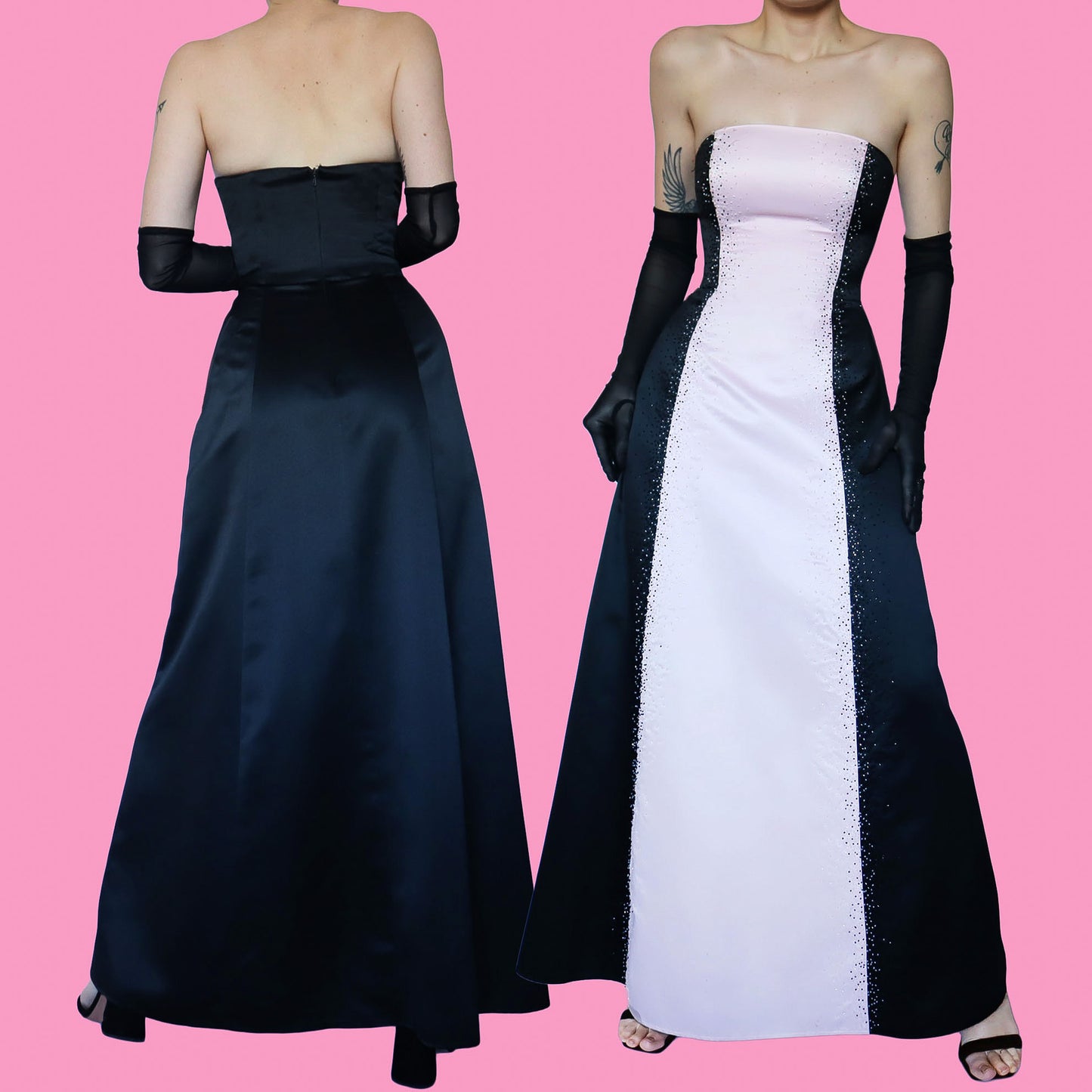 Black & pink strapless a line evening dress UK 12