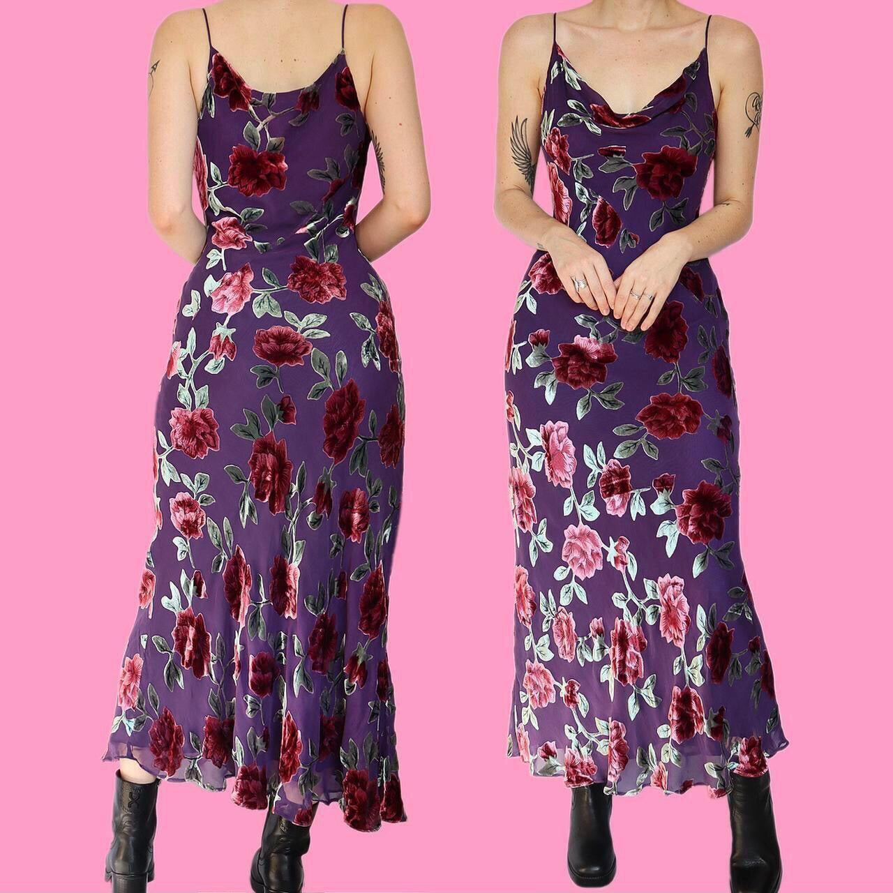 Beautiful silk blend purple velvet devore slip evening dress UK 14