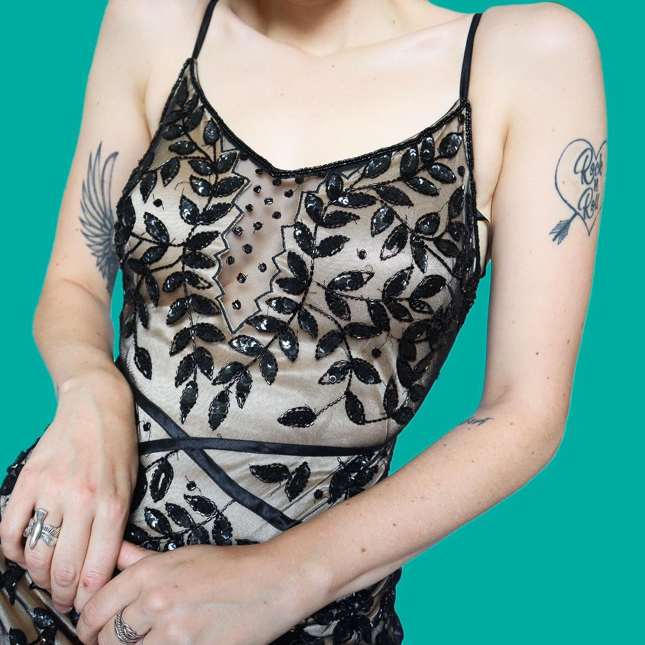 Beautiful tan with black sheer overlay beaded sequin party dress UK 12