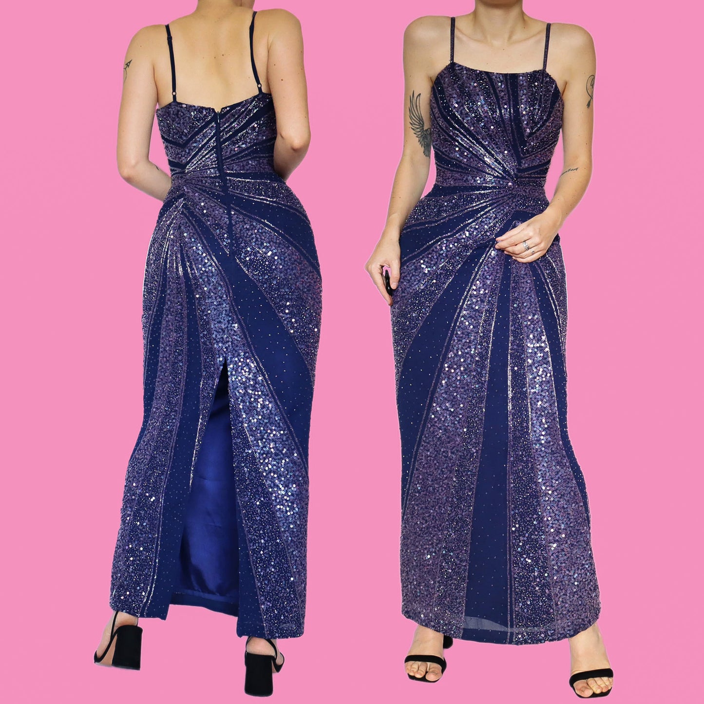 Purple Kaleidscope fitted sequin & beaded evening dress UK 12