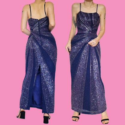 Purple Kaleidscope fitted sequin & beaded evening dress UK 12