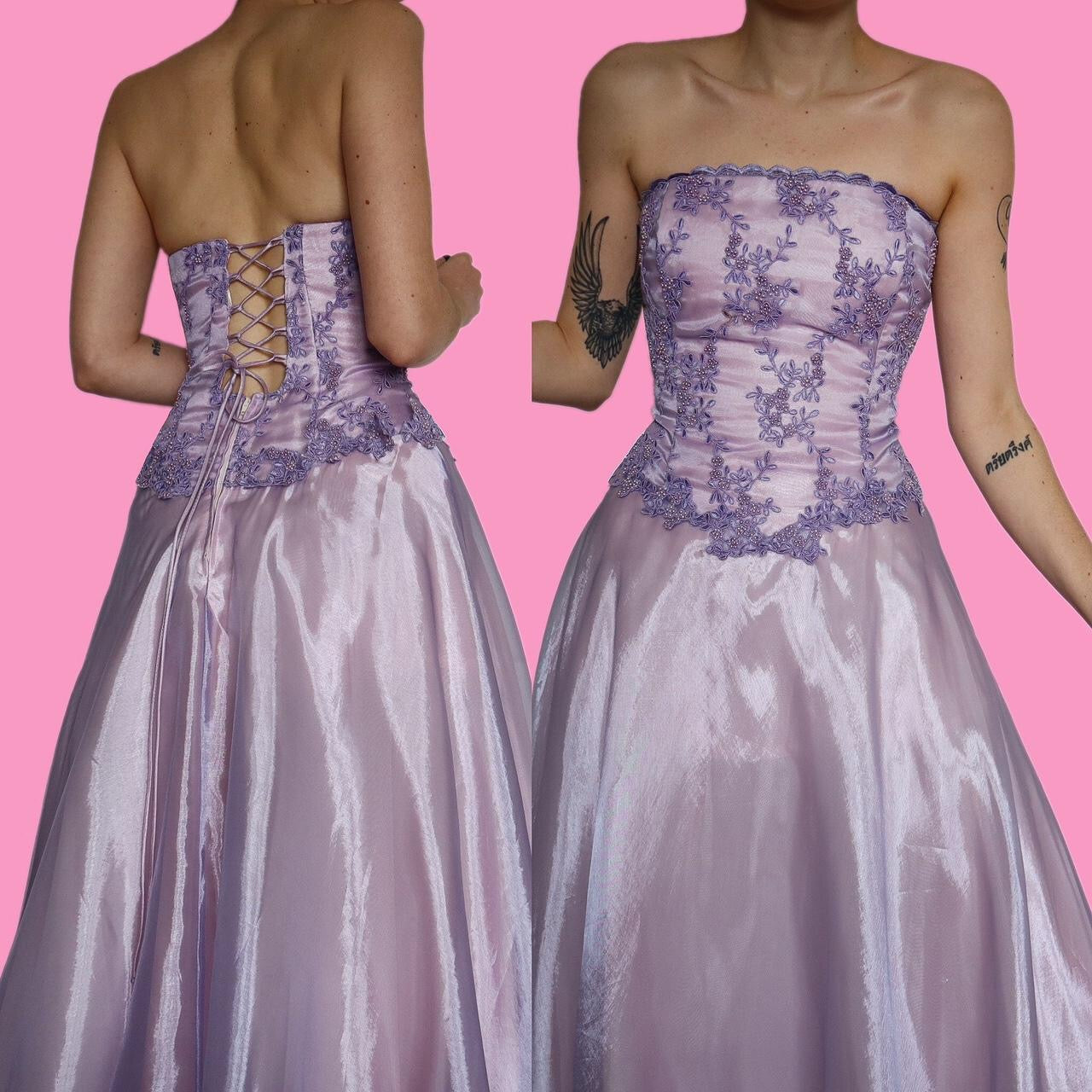 Beautiful a-line shimmery lilac lace corset evening dress UK 12