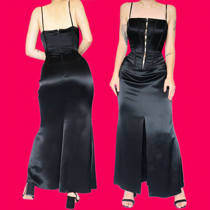 John Charles Black Satin Corset Dress UK 14-16