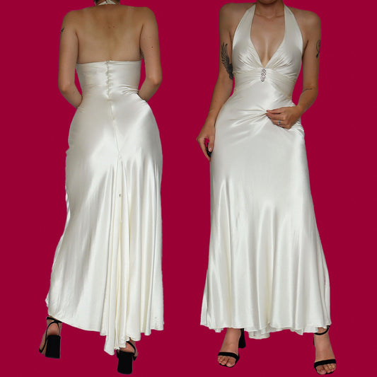 White satin diamanté wedding evening dress UK 8