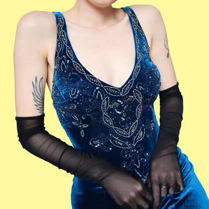 Blue velvet beaded evening dress UK 12