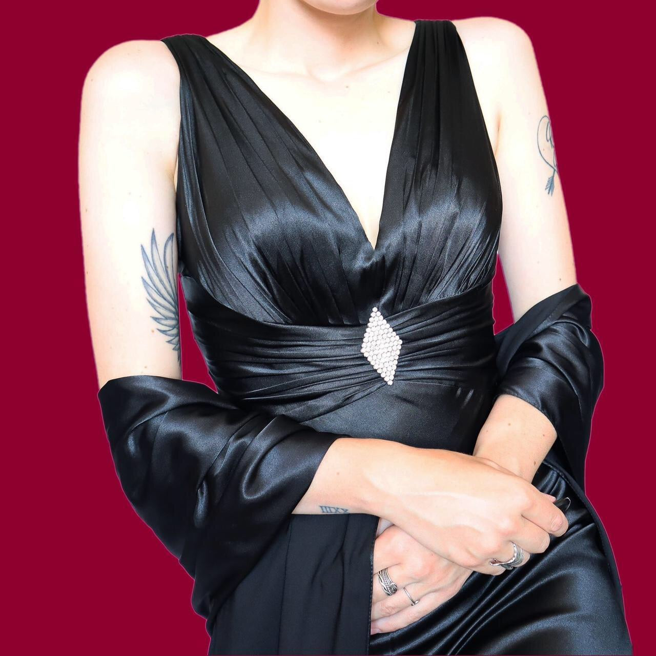 Beautiful black satin diamanté evening dress with shawl UK 10