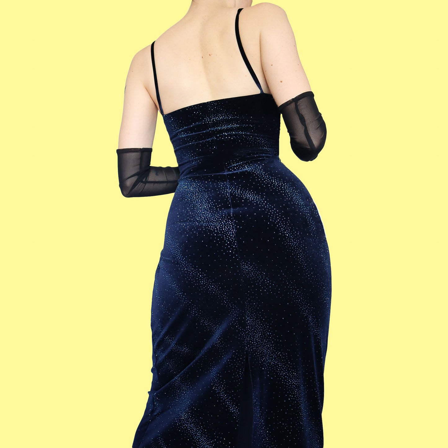 Navy blue glittery velvet stretch evening dress UK 12
