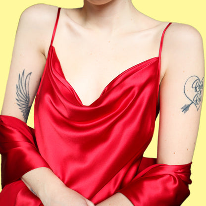 Stunning red 100% silk satin slip dress with a matching shawl UK 18