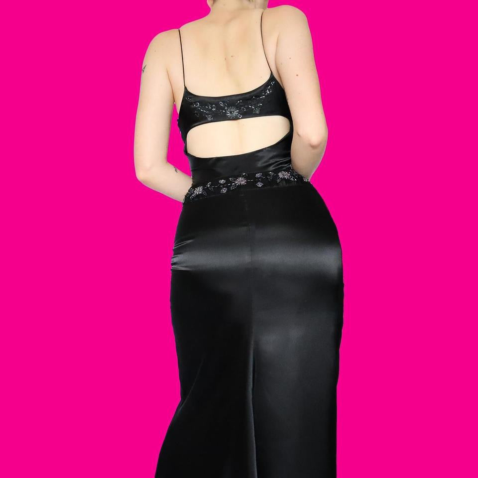 Silky black beaded evening dress UK 12