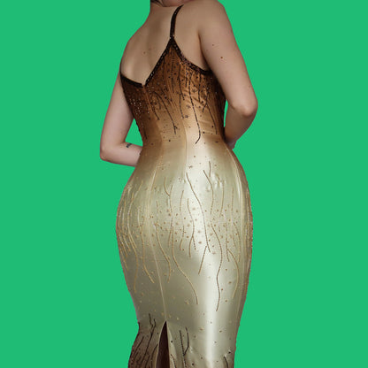 Golden YVE beaded fitted evening dress UK 10