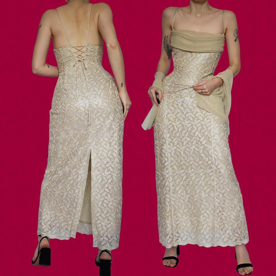 Champagne lace & sequin evening dress & shawl UK 16