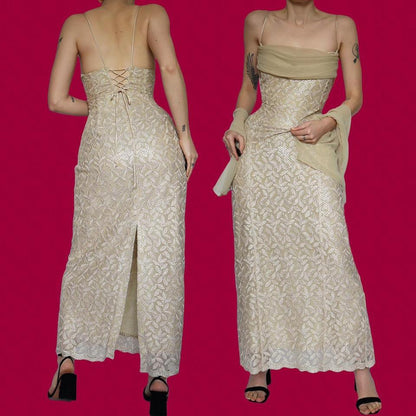 Champagne lace & sequin evening dress & shawl UK 16