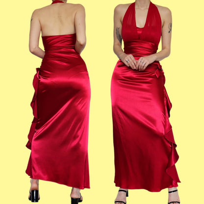 Stunning red satin draped evening dress size UK 10