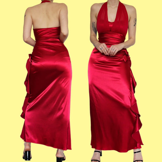Stunning red satin draped evening dress size UK 10