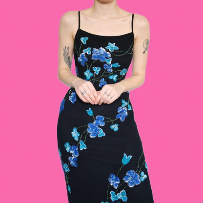 Beautiful black slip dress with blue floral sequin detail UK 12