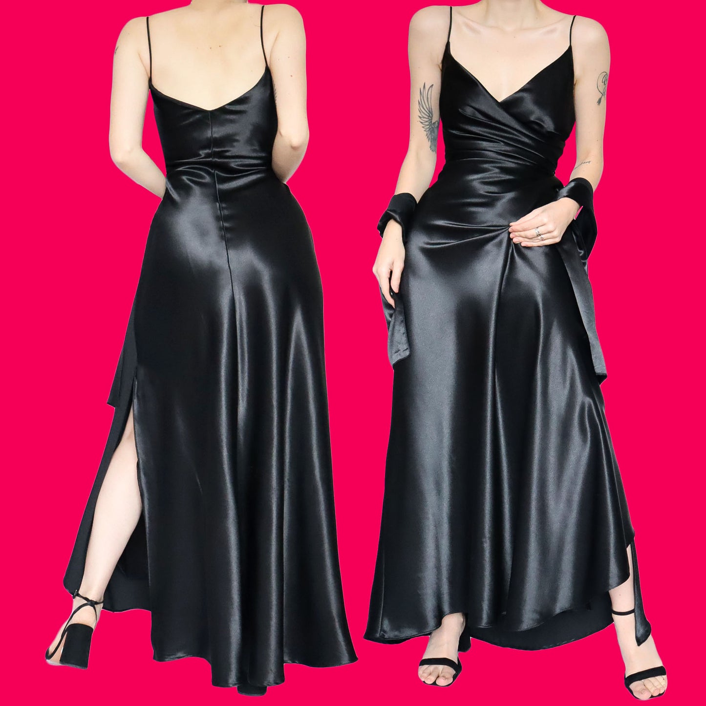 Black silky slip evening dress & shawl UK 16