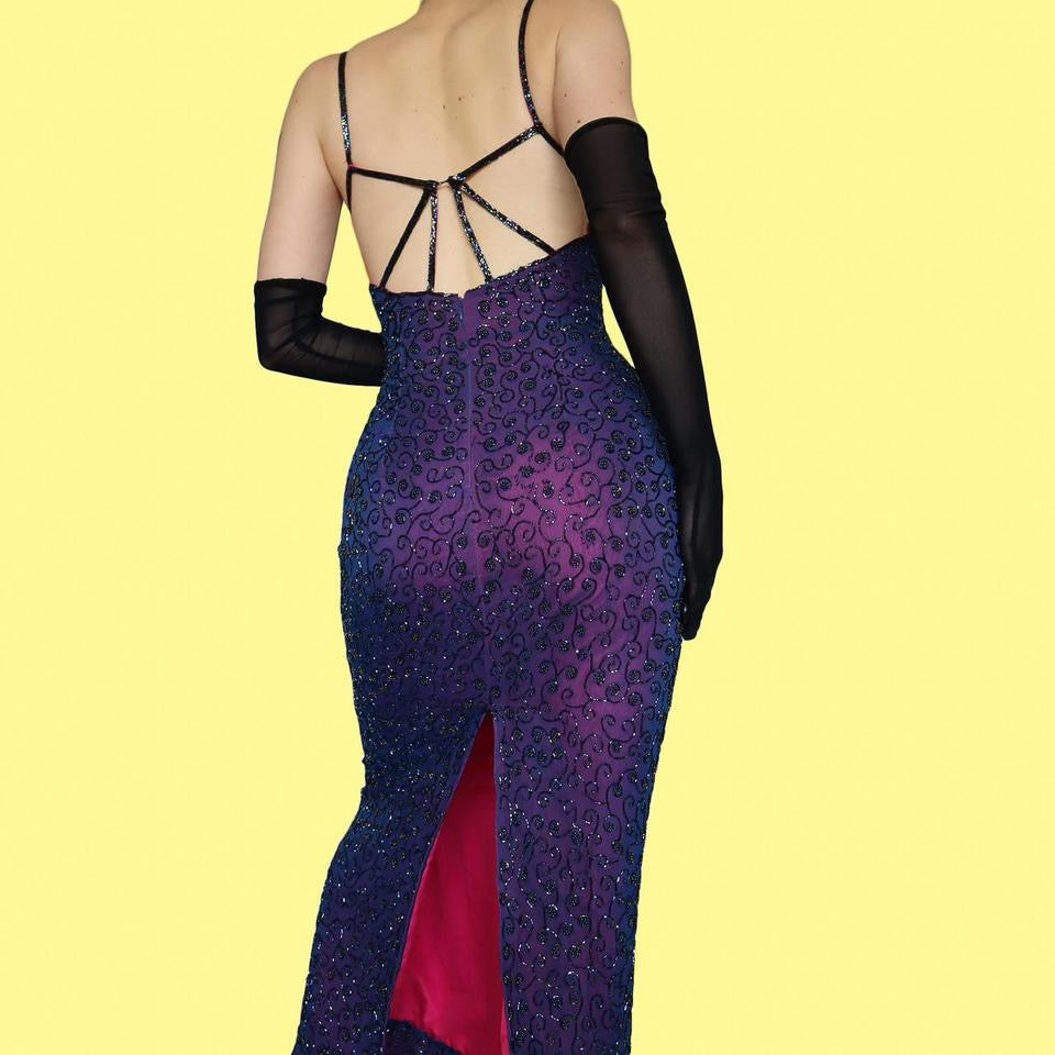 Purple 100% silk beaded evening dress UK 10-12