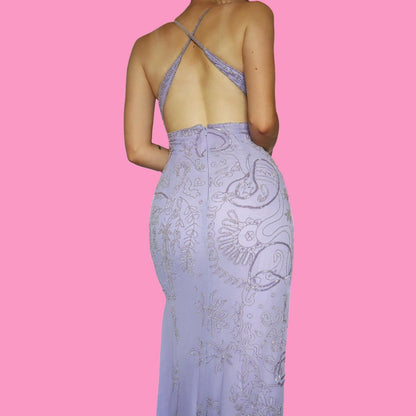 Lilac Heavily Beaded Open Back Evening Dress UK 16