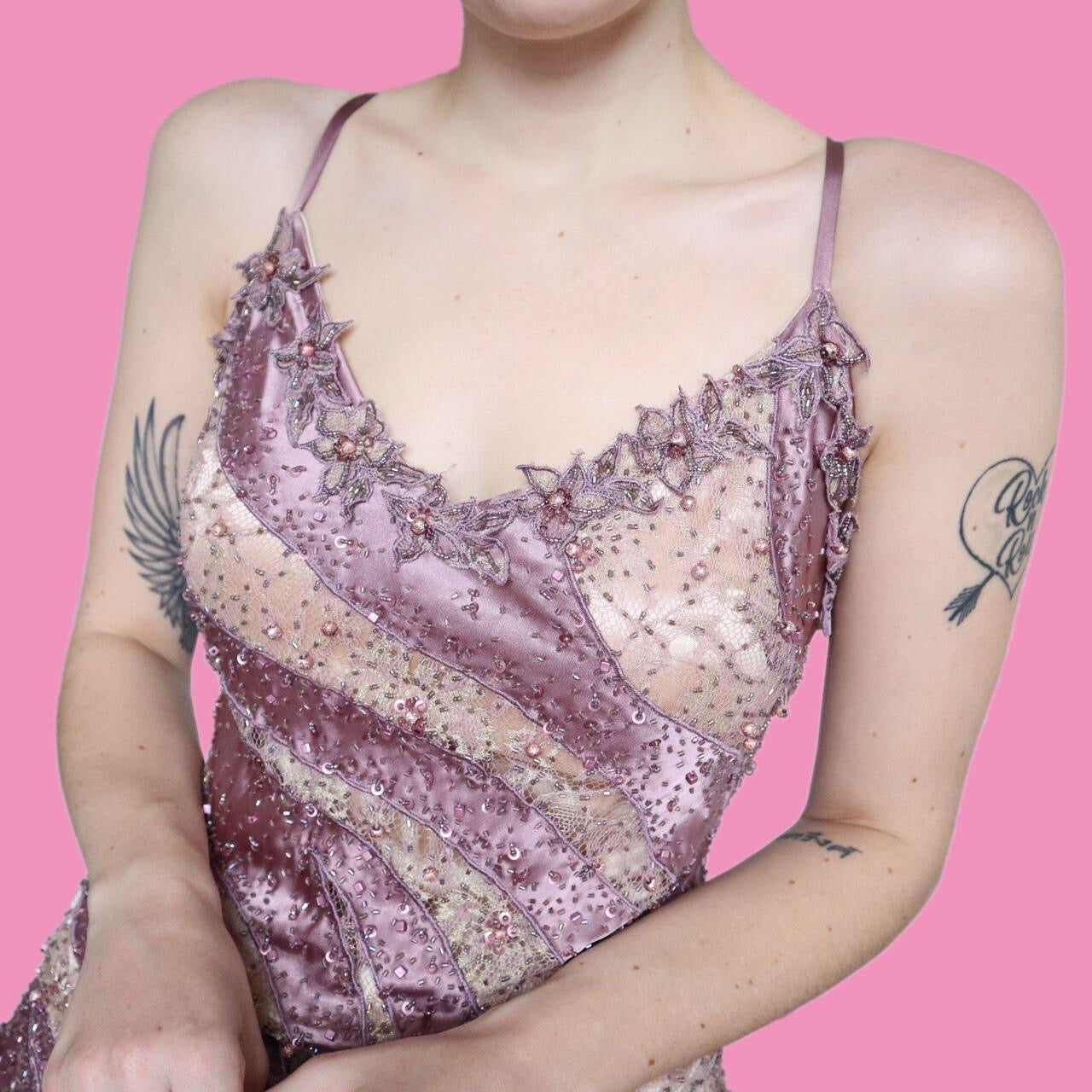 Stunning silky lilac beaded/lace evening dress with shawl UK S