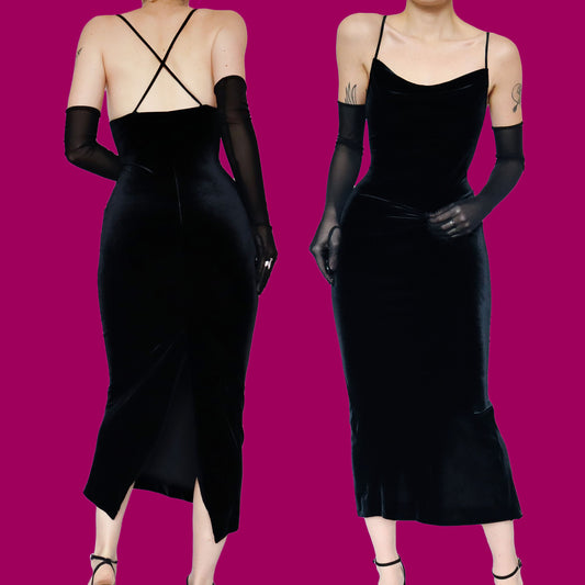 Black velvet slip midi dress UK 10