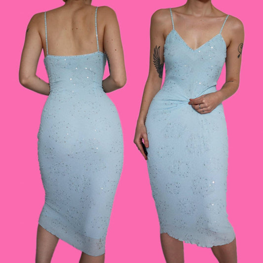 Stunning Frank Usher baby blue sequin party dress UK 12