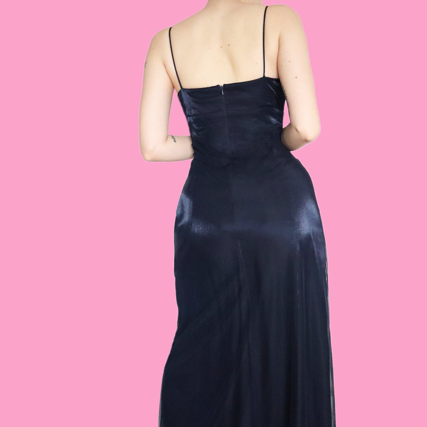 Stunning navy silky beaded evening dress UK 14