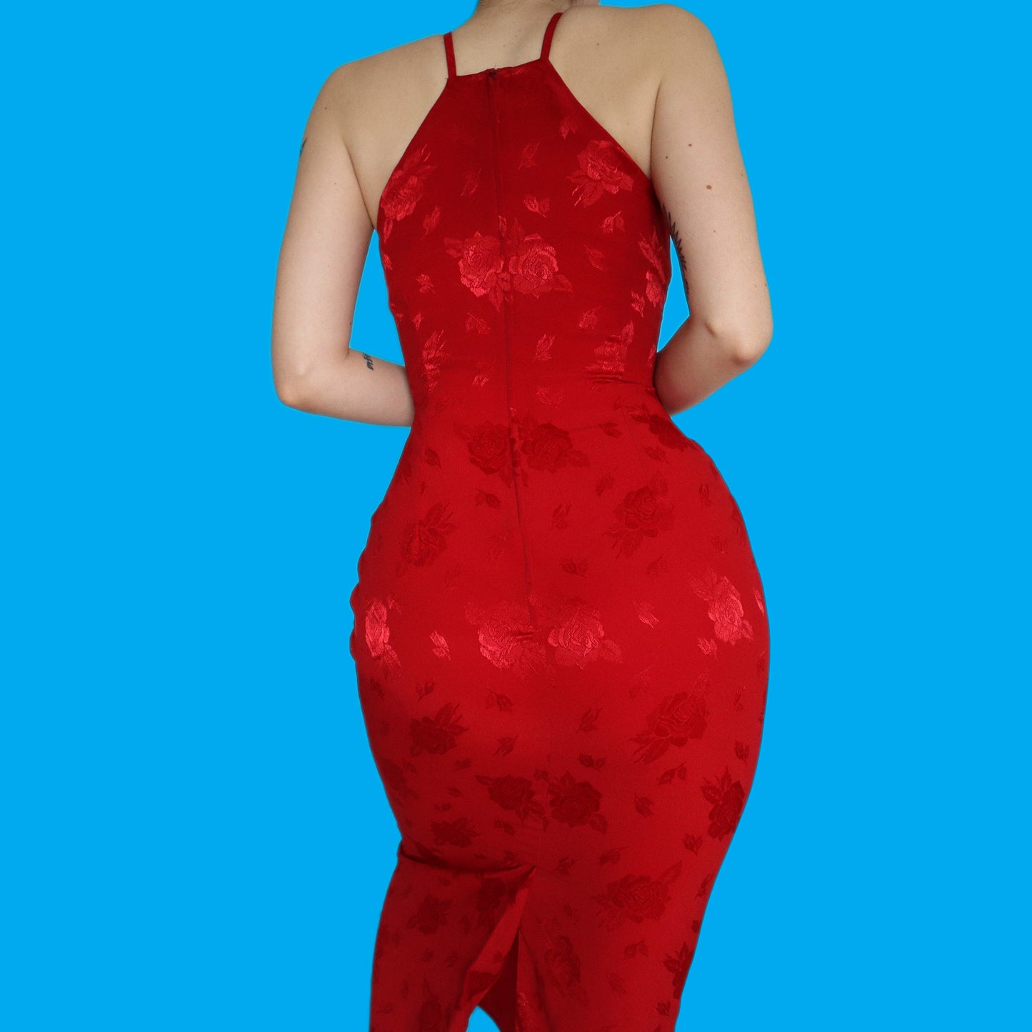 Beautiful fitted red floral evening midi dress UK 10