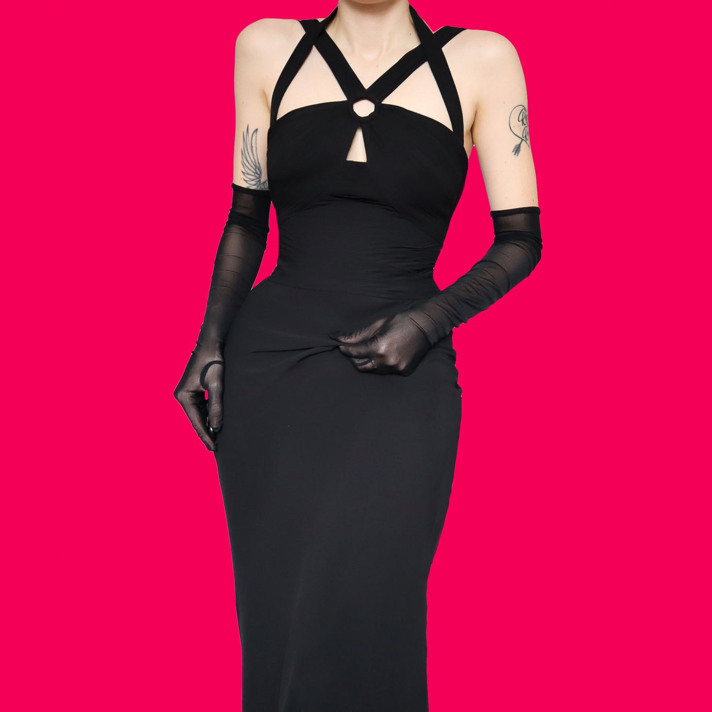 Chic black open back evening dress UK 10