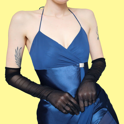 Blue satin halter-neck evening dress UK 12