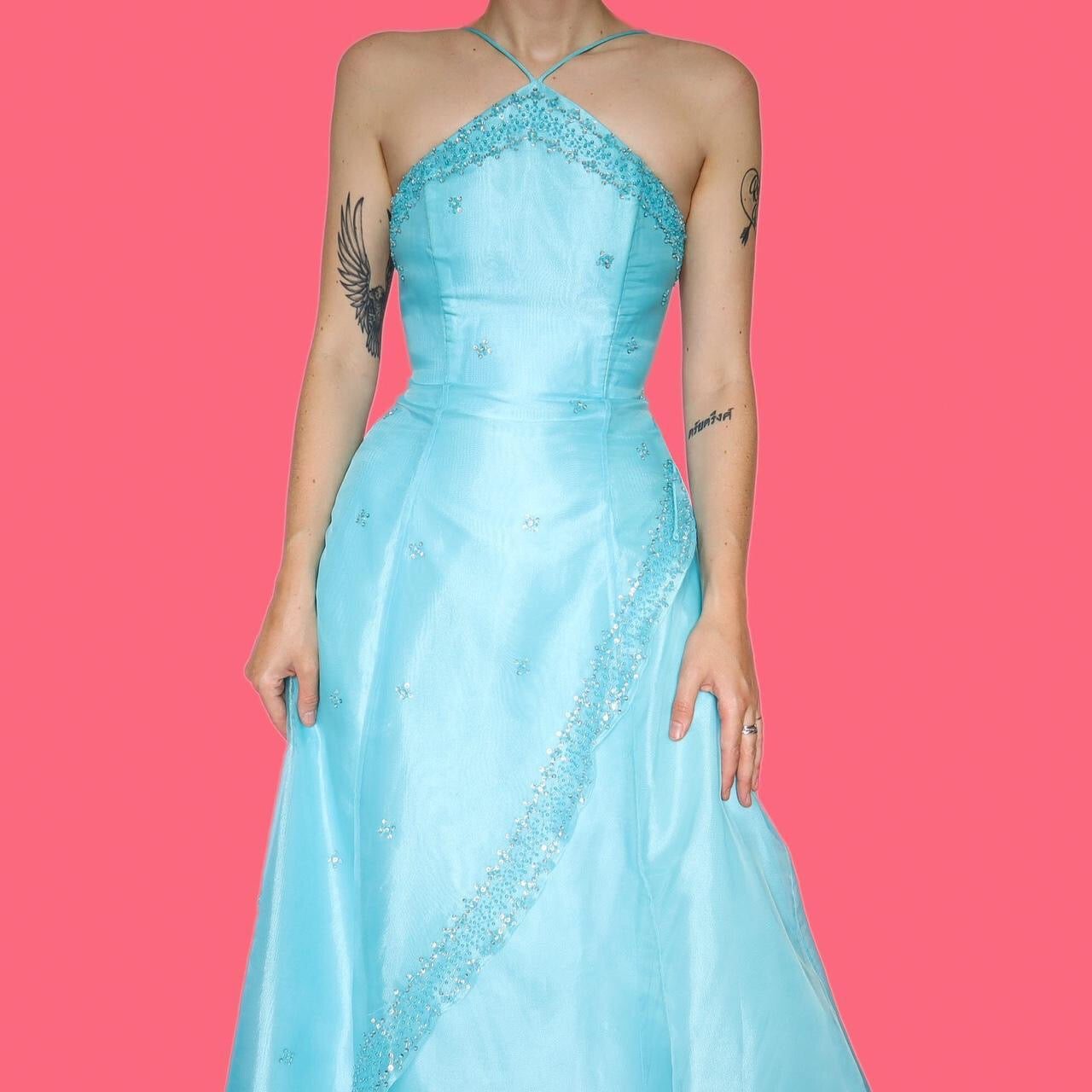 Stunning sapphire organza a line evening prom dress UK 8