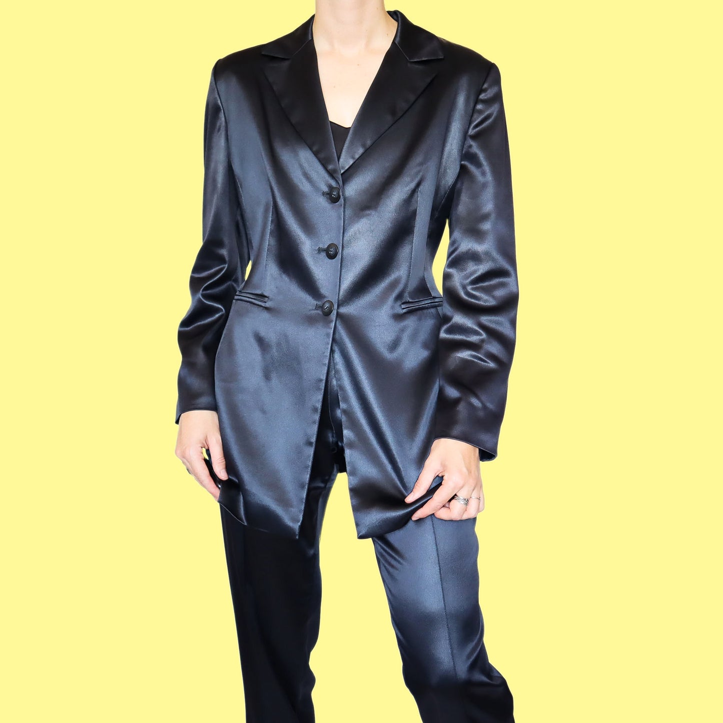 Navy satin 2 piece trouser suit UK 12