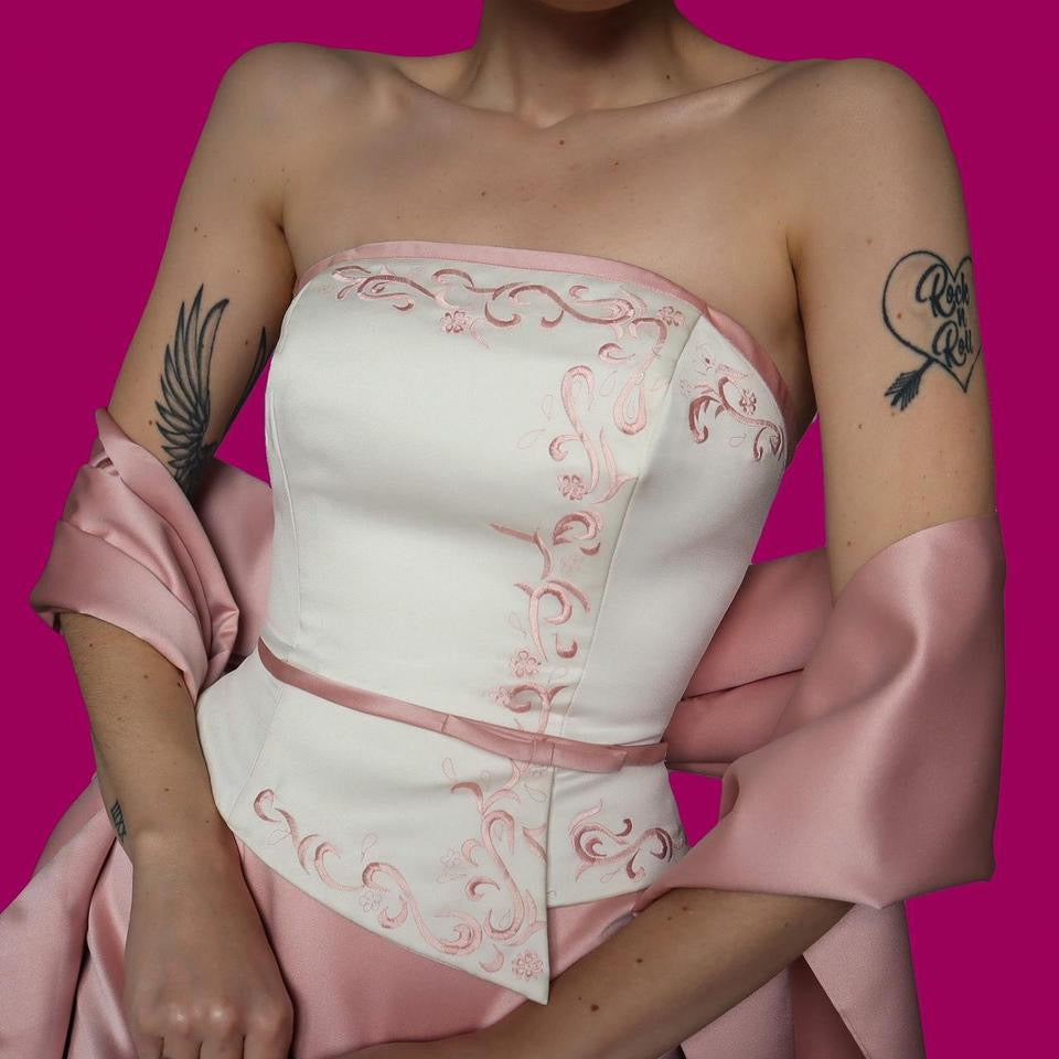 Hilary Morgan pink strapless evening dress & shawl UK 12