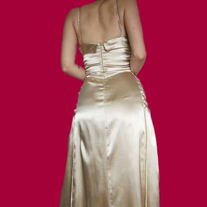 Beautiful silky gold lace up evening dress UK 8