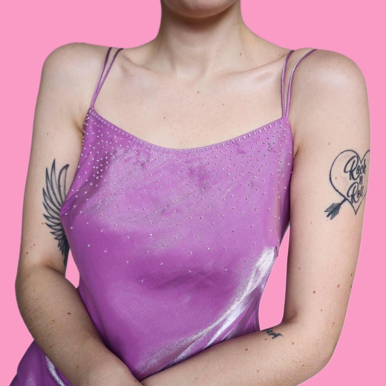 Stunning purple silky beaded evening dress UK 10