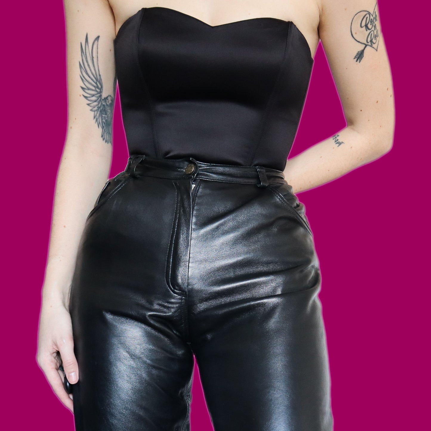 Chic black 100% real leather trousers UK 12