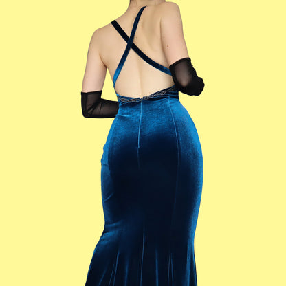 Blue velvet beaded evening dress UK 12