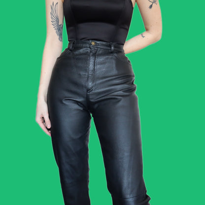 Super chic black 100% real leather trousers UK 12
