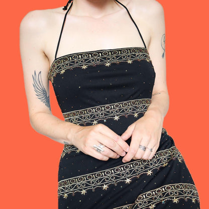 Stunning black & gold stretch evening dress UK 14