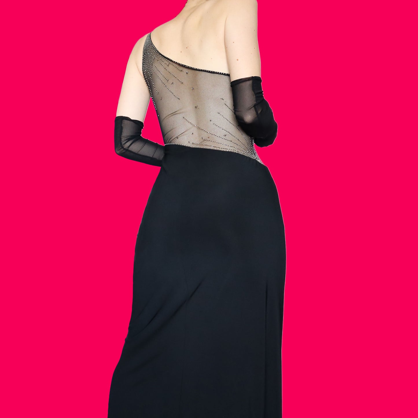 Black stretch one shoulder evening dress UK 10-12