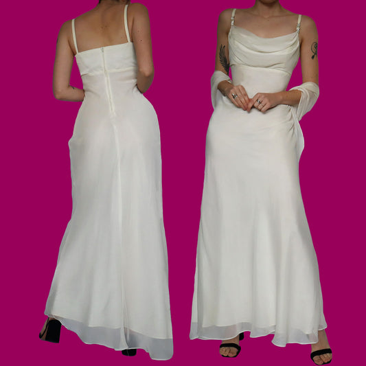 White chiffon evening dress with shawl UK 12-14